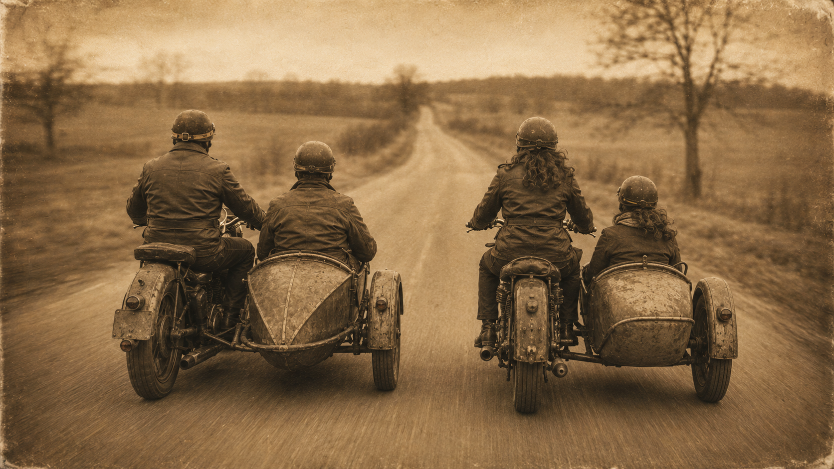Zwei Paare fahren gemeinsam auf Motorrädern mit Beiwagen eine Landstraße entlang, Vintage-Stil